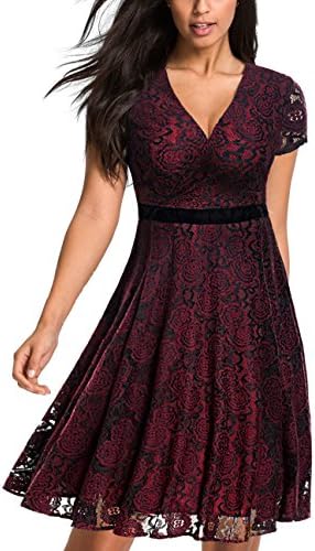 Tuliplazza Women's Vintage Floral Lace Deep V-Neck Party Cocktail Swing Dress