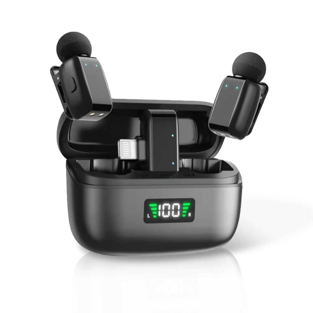 Photo 1 of Mini Clip-on Wireless Lavalier Lapel Microphone for iPhone, iPad, Android with Charging Case for Video Recording, YouTube, Vlogging. 3-Mode Noise Cancelation, 65 ft. Range. (Lightening connection)