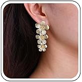 Sttiafay Bohemian Metal Flower Earrings Gold Large Flower Earrings Triple Floral Drop Earrings Long Flower Dangle Earrings Statement Floral Earrings Jewelry for Women