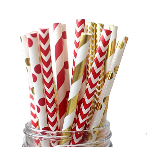 IPALMAY 150 Count Metallic Gold and Red Biodegradable Drinking Paper Straws, Striped Polka Dot Chevron, 7.75 Inches