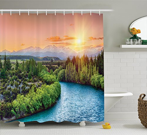 AmbesonneAmbesonne Eastern Shower Curtain, Sunset Over Bend of The River Clutha Alps Peaks on Horizon New Zealand, Cloth Fabric Bathroom Decor Set with Hooks, 69" W x 84" L, Apple Green