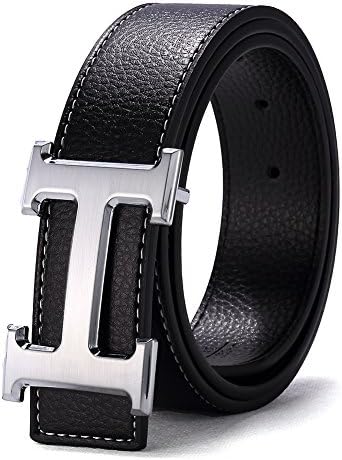 H Belts for Men Business Casual Leather Belt 1.5inch Wide (Waist Size 38-40 inch, Black Sliver)