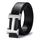 H Belts for Men Business Casual Leather Belt 1.5inch Wide (Waist Size 28-34 inch, Black Sliver)