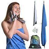Quick Dry 2 Travel Towel Set Light Super Absorbent Fast Drying Microfiber Towels Outdoor Camping Yoga Sports Hand&Face Backpack Laundry Mesh Bag-Karabiner Buckle+Stick Card Wallet