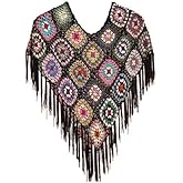 Handmade Crochet Poncho Shawl, Colorful Granny Square Pattern with Fringe, Boho Style,Crochet triangle scarf,