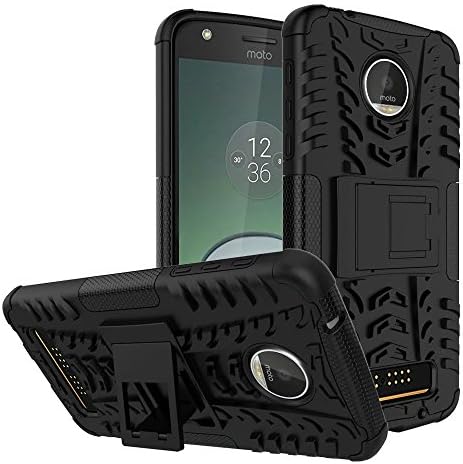 CASSIEY Heavy Duty Shockproof Military Grade Armor Dual Protection Layer TPU & Polycarbonate Hybrid Kick Stand Back Cover Case for Motorola Moto Z Play (Black)