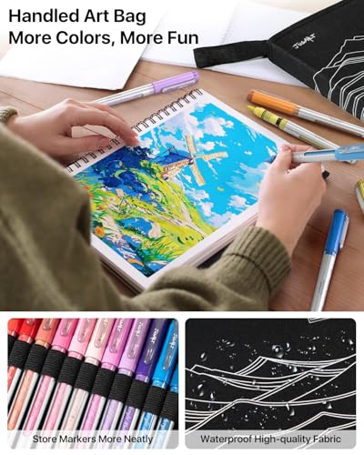 JusArt 48 Colors Acrylic Paint Markers with Canvas Bag, Water-Based No-Bleed Paint Pens with Automatic Ink Control, Waterproof Brush Tip Markers for DIY Art & Crafts -Fabric, Rock, Wood, Glass, Metal