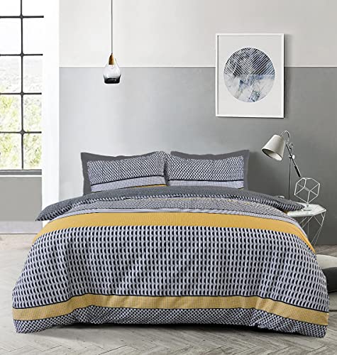 Sleepdown Stripe Geo Abstract Mono Black Grey Ochre Reversible Duvet Cover Quilt Pillow Cases Bedding Set Soft Easy Care - Super King (220cm x 260cm)
