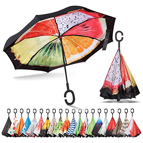 Sharpty Inverted Umbrella for Women - Windproof & Reverse - Easy to Open and Close - Upside Down & C-Shaped Handle - Rain & Wind Resistant - For Travel - Fruits