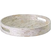 PEMAR 12.6” Mother of Pearl Round Serving Tray with Handles, Decorative Nacred Wooden Ottoman Coffee Table Tray (White Tiles)