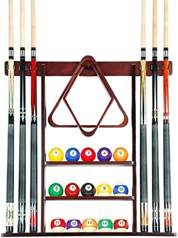 Cue Rack Only- 6 Pool Billiard Stick + Ball Set Wall Rack Holder Mahogany Finish