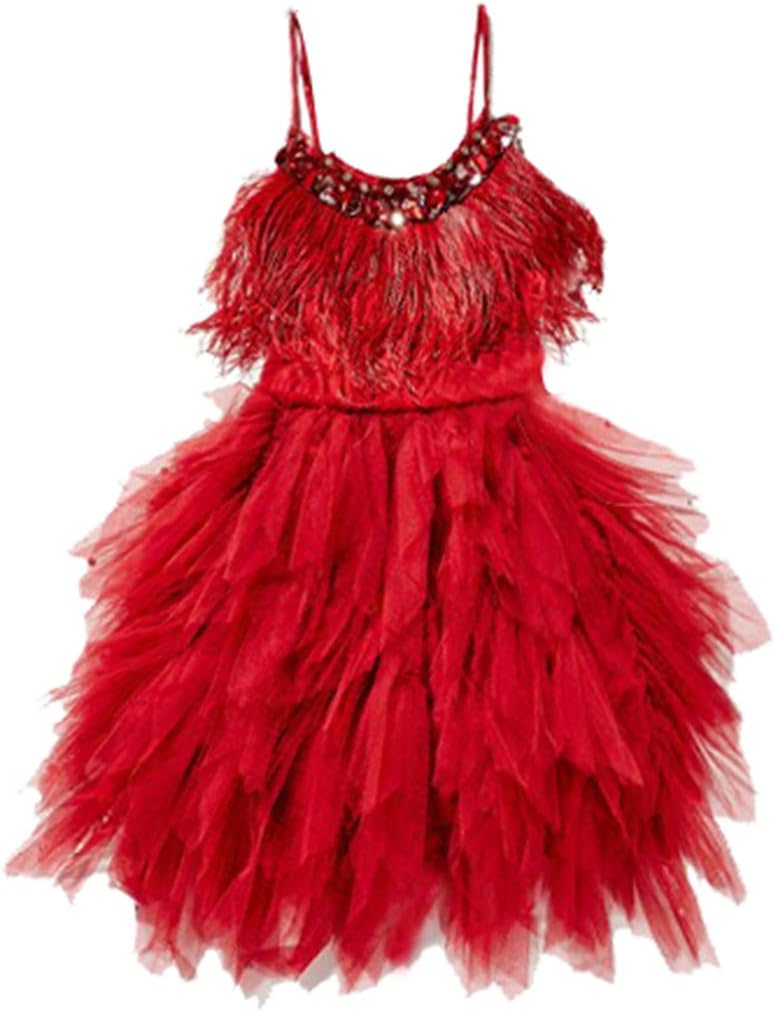 Little/Big Girls Sequins Feather Layered Ruffled Flower Girl Birthday Party Pageant Dress(Shoulder Strap Adjustable)