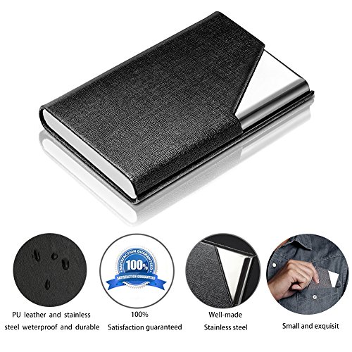 KISSWILL Business Card Holoders, 2 Pack PU Leather and Stainless Steel Business Card Case with Magnetic Shut, Business Card Wallet Credit Card Case for Men and Women (Gray/Black)