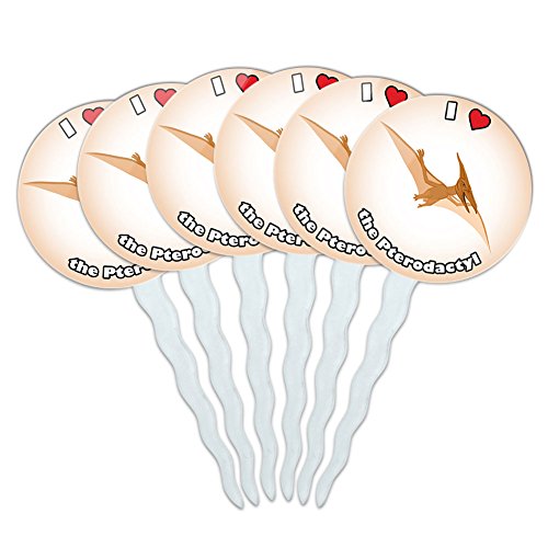 Set of 6 Cupcake Picks Toppers Decoration I Love Heart - Pterodactyl Dinosaur