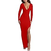 Kaximil Women's Sexy Long Sleeve Deep V Neck Bodycon Maxi Dress Side Slit Wedding Guest Cocktail Long Dress
