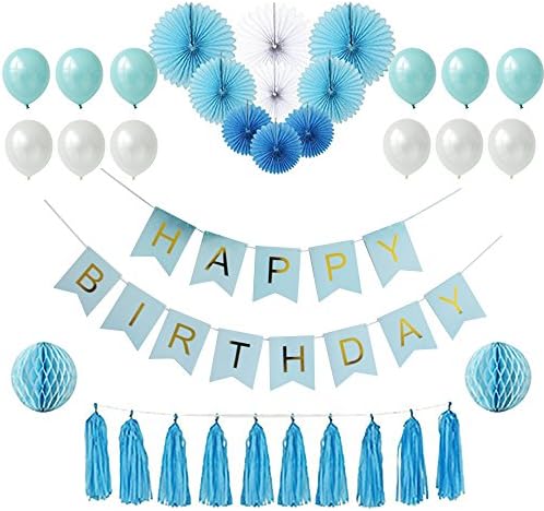 Happy birthday banner.9pcsTissue Paper Fans, Honeycomb Paper Balls,10pcs Light blue Tassels, Party Supplies, 12pcs 12inch latex balloon