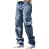 Mens Loose Fit Hip Hop Jeans Casual Cargo Denim Pants with Multi Pockets