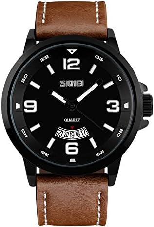 Qiyan Men's Thin Quartz Waterproof Black Wrist Watch With Brown Leather Band