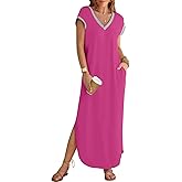 MEROKEETY Women's 2025 Spring Summer Maxi Dress Casual V Neck Split Beach Vacation Loose Long Dresses