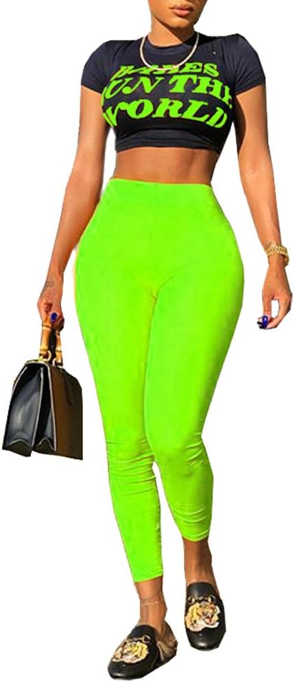 Kaximil Women's Letter Print T-Shirt Crop Top + Long Yellow Pants Sexy Jumpsuits 2 Pieces Outfits Rompers