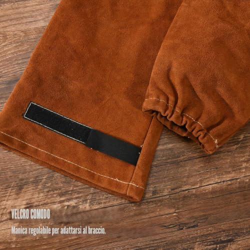 QeeLink Welding Leather Work Sleeves for Men Women Cowhide Fondera Anti-Adhesive Heat Resistant Flame Protective Arm Sleeves Garden Arm Sleeves 1 Pair (Brown)