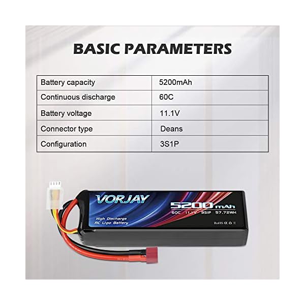 VORJAY 2S LiPo Akku 7.4V 80C 5200mAh mit Deans Stecker Batterie Ersatzakku für Wing RC Auto Rock Crawler Airplane… – Bild 5