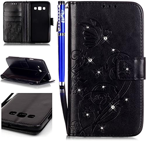 FESELE Samsung Galaxy A5(2015) Case Bling Bling Sparkling PU leather Cover with Rhinestone Diamond Design Butterfly Flower PU Leather Bookstyle Wallet Case Magnetic Closure with Stand Function PU Leather Wallet Flip Cover Sleeve Card Slot and Banknotes Pocket with Hand Strap Lanyard For Samsung Galaxy A5(2015) + 1 x Blue Stylus Pen-Black