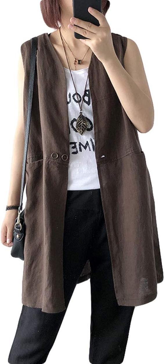 Amazon Ksila ベスト レディース ゆったり ノースリーブ 夏 ジレベスト 綿 麻 カジュアル チョッキ 前開き Vネック おしゃれ リネンベスト 無地 黒 Freesizeコーヒー ベスト 通販