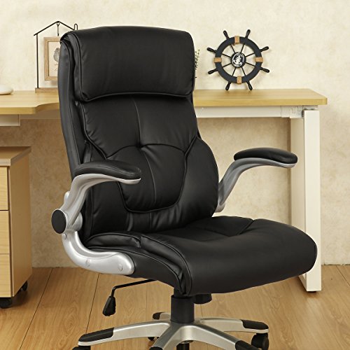 YAMASORO Ergonomic Executive Leather Office Chair High Back with Flip-Up Arms,Thick Headrest and Lumbar Support Black