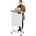 Bonnlo Mobile Stand Up Lectern Podium with Wheels, Portable Heavy Duty Desk, Height Adjustable Church Pulpit or Ceremony, Classroom Lecture Speech Teach Platform, Walnut Tabletop and White Steel Frame