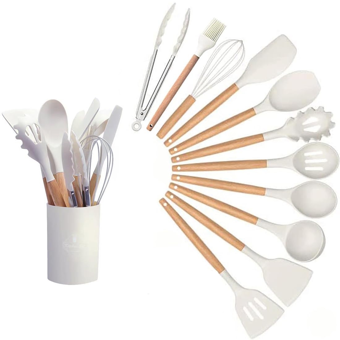 GJIE Kitchen Utensil Set, 12 PCS Silicone Cooking Utensils Set with Wooden Handle, Heat Resistant, Nonstick Cookware Tongs Spatula Spoon Set, Dishwasher Safe, Best Kitchen Tools (White)