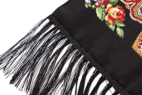 Traditional Ukrainian Scarf and wrap with Tassel Pavlovo Posad Shawl for Women (Black)