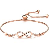 Nilu's Collection Infinity Shape Cubic Zirconia Diamond Bracelet for Women, Jewelry for Gift, Adjustable Charm Bracelet (Rose Gold Necklace + Bracelet)