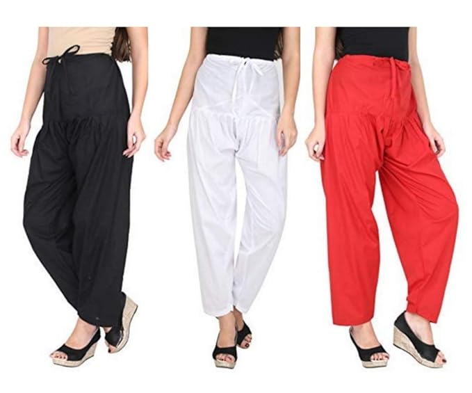 Cotton Patiala Salwar (Pants) For Women Free Size Combo Pack of 2 & 3 (BLACK+WHITE+RED, 3)