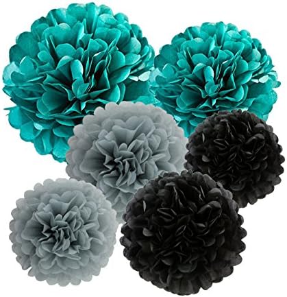 12pcs Tissue Paper Pom Poms - Teal Grey Black Paper Flowers 8inch 10inch Tissue Paper Balls,Best for Baby Shower Decorations & 1st birthdays wedding partis