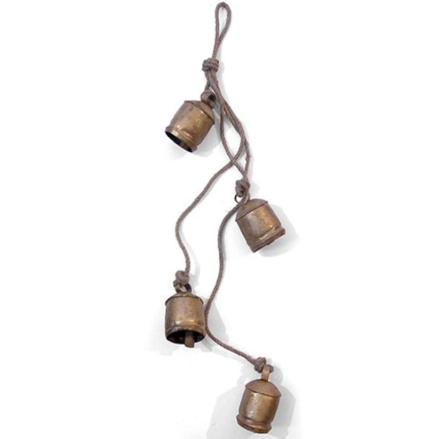 Mystery Mountain Chunky Rustic Vintage Indian Cow Bells on Rope Wall Hanging Décor, Metal, Gold, 6 x 6 x 83 cm