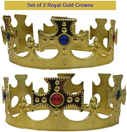 Toy Cubby Royal Kings Crown Set of 2 - Gold Jeweled Regal Crowns Costume Accessory Party Favor 2 Pack for Birthday BBQ Graduation Dress up Pretend Play