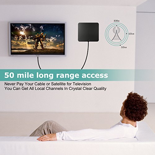 Ifecco Amplified HDTV Indoor Antenna for 1080P High Reception Free TV Support 50 Mile Range with Detachable Amplifier and 10ft Coaxial Cable