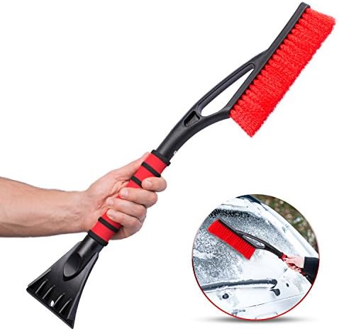 Ice Scraper For Car & Snow Remover Brush Tool 2 in 1 - Thick and Full Bristles, Ergonomic Grip, Comfy Foam Handle, Reversible Blade, Broom for Cars, Windshields, Windows, Snow & Ice Removal, Build up