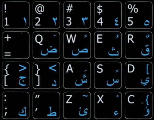 ARABIC - ENGLISH NON-TRANSPARENT KEYBOARD LABELS LAYOUT BLACK OR WHITE BACKGROUND (14x14) FOR DESKTOP, LAPTOP AND NOTEBOOK (Black Background)