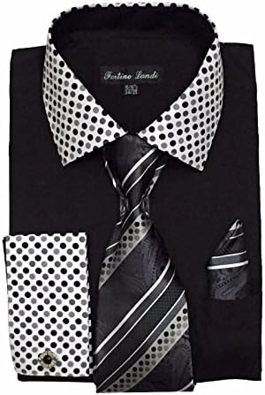 Fortino Landi Men's French Cuff Dress Shirt w/Polka Dot Contrast Collar & Tie Hanky Set