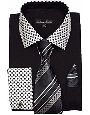 Men's French Cuff Dress Shirt w/ Polka Dot Contrast Collar & Tie Hanky Set
