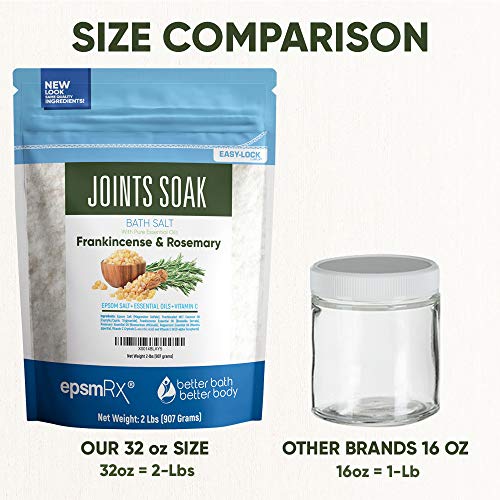 Joints Soak Bath Salt 32 Ounces Epsom Salt with Rosemary, Frankincense and Peppermint Essential Oils Plus Vitamin C and All Natural Ingredients BPA Free Pouch With Easy Press-Lock Seal