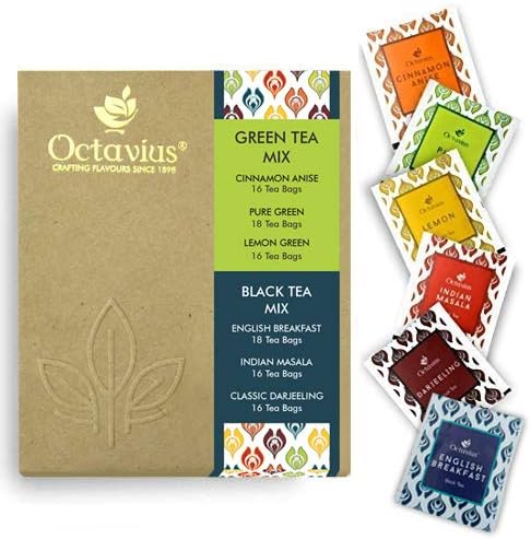 Octavius 6 Assorted Black and Green Tea, Enveloped Tea Bags for Freshness, Perfect for Gifting, Serve Hot or as Iced Tea Economy Packof 100 teabags
