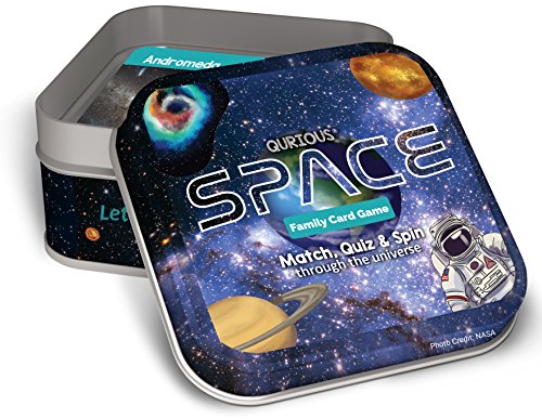QURIOUS SPACE - 4 fast & fun STEM space card games! Explore, Match, Quiz & Spin throughout the Universe! 90 double-sided, full color play cards. Ages 3+