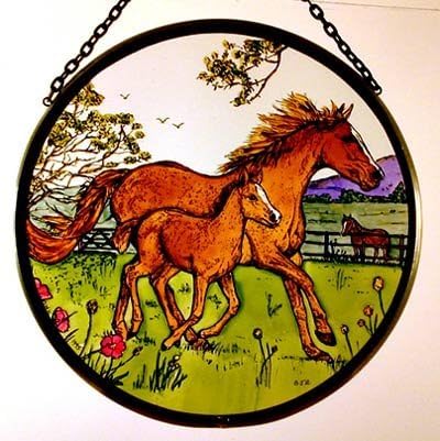 Decorative Hand Painted Stained Glass Window Sun Catcher/Roundel in a Horse and Foal Country Scene Design