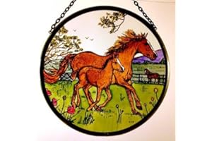 HENSITA Decorative Hand Printed Stained Glass Window Sun Catcher/Roundel in a Horse and Foal Country Scene Design.