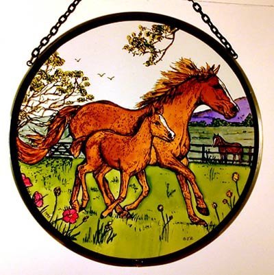 Decorative Hand Painted Stained Glass Window Sun Catcher/Roundel in a Horse and Foal Country Scene Design.