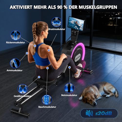 Rudergerät für Zuhause, DMASUN Magnetisches Rudergerät mit Upgrade Doppel-Slide-Rails, APP-Verbindung, 16 Widerstandsstufen, LCD-Datenanzeige, ideal für Cardio-Training