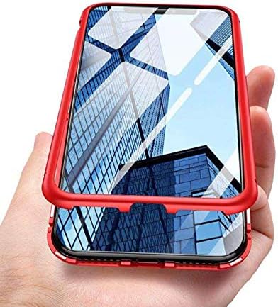 KONKY iPhone XR Case Ultra Slim Fit Metal Frame, Magnetic Adsorption Case, Clear Back, 360 Degree Protection, Support Wireless Charging, with Screen Protector for iPhone XR (Red)